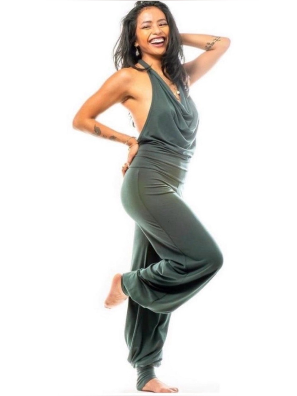 Draped Halter Jumpsuit in Olive Green